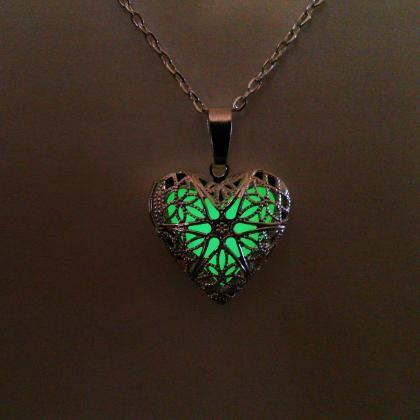 Green Glow In The Dark Necklace // Glowing Heart..
