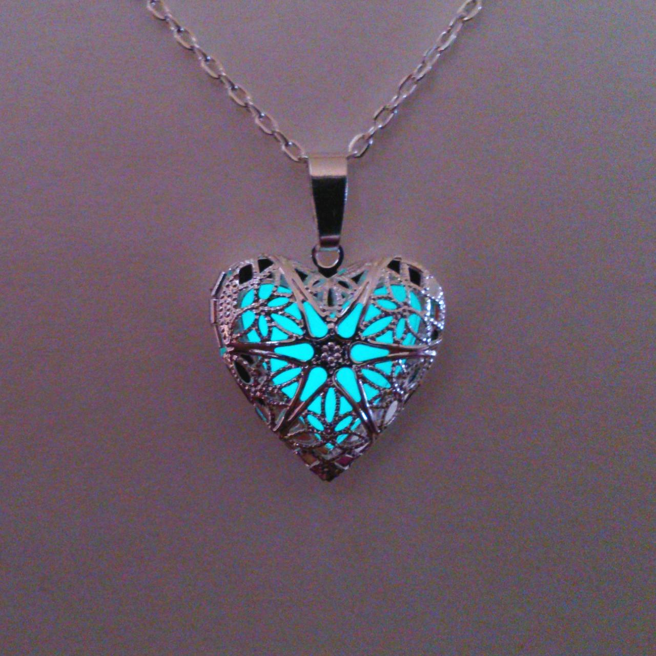 Aqua Glowing Locket Necklace // Glow In The Dark // Glowing Jewelry // Heart Pendant // Filigree Glow Necklace // Gifts For Her // Xmas