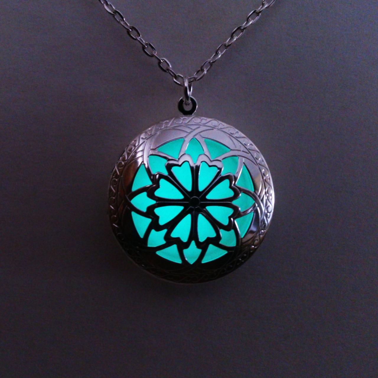 Glowing Locket Necklace- Aqua Glowing Jewelry - Glow In The Dark Pendant - Glowing Pendant - Womens Gift - Christmas - Birthday Gift